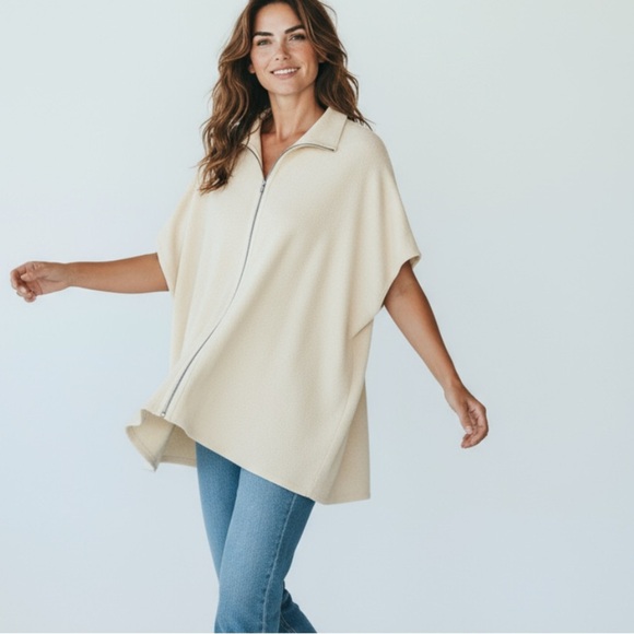 Forte Cashmere Beige Short Sleeve Full Zip Poncho Jacket Cream